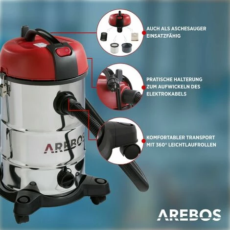 AREBOS Industriestaubsauger 4IN1 Staubsauger Nass Trocken 30L Industriesauger - Rot/silber – Bild 3