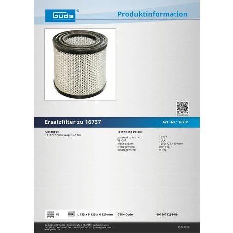 Güde Ersatzfilter Feinstaubfilter Zu 16737 Aschesauger GA 18L – Bild 2