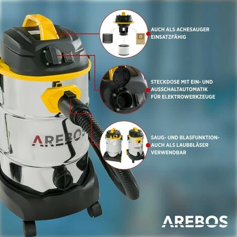 AREBOS Industriestaubsauger 5IN1 1600W Staubsauger Nass Trocken 30L Gelb – Bild 3