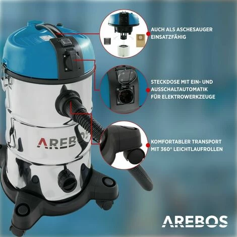 AREBOS Industriestaubsauger 5IN1 | Staubsauger | Nass-Trocken | 1300W | 30L | Blau – Bild 3