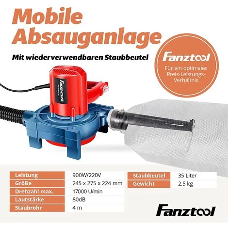 FANZTOOL Mobile Absauganlage 900W Mit Wiederverwendbaren Staubbeutel Und Metallgehäuse, Späneabsauganlage Geeignet Für Werkstatt Und Baustelle – Bild 2