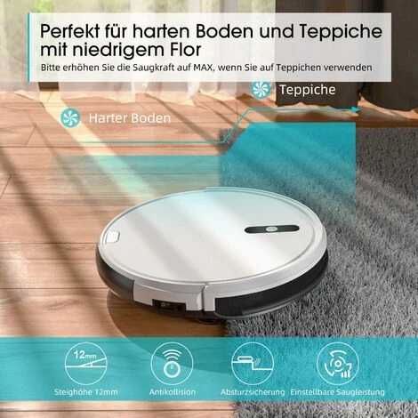 APOSEN Saugroboter A450, 1500 PA, Smart Geplante Reinigung, Gyro Navigation, 4 Reinigungsmodi, Superdünn, Geräuscharm, Weiß – Bild 3