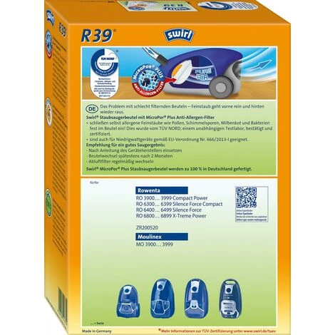 Swirl Staubsaugerbeutel R39 / R 39 MicroPor Plus AirSpace Für Rowenta, Moulinex ZR-200520 Staubsauger – Bild 2